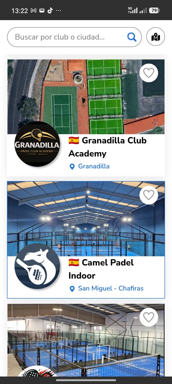Vista de clubes en la app